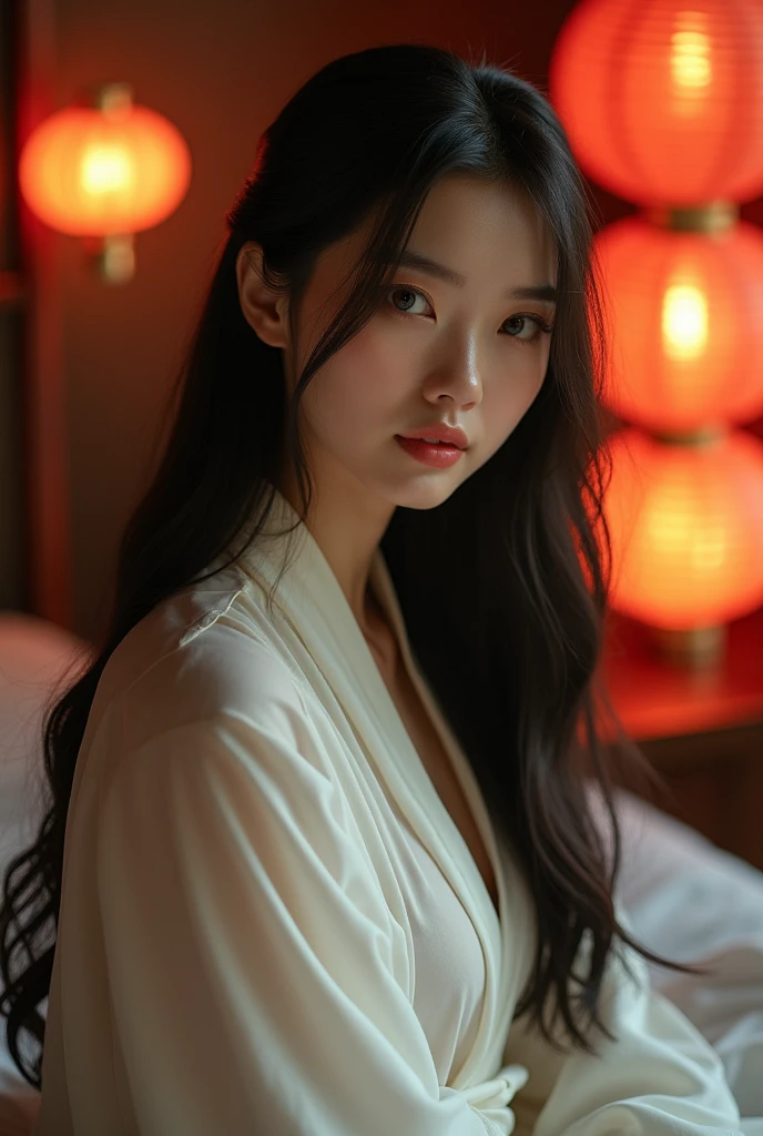 1 Fashion Model [[[[close up]]]], [[[[neck]]]], [[[[Shoulder]]]], (((Complete head)))，(((Complete hairstyle)))，Perfect eyes, Perfect Iris，Perfect lips，Perfect Teeth，Perfect skin，White skin，Soft headlights，High-density imaging，Black long hair，（Clean and delicate face），((White Hanfu))，((Half-length photo))，((night))，((Chinese Lanterns))，((Various dynamic poses))，((The background is the bedroom))，best quality，masterpiece，（Soft colors：1.2）