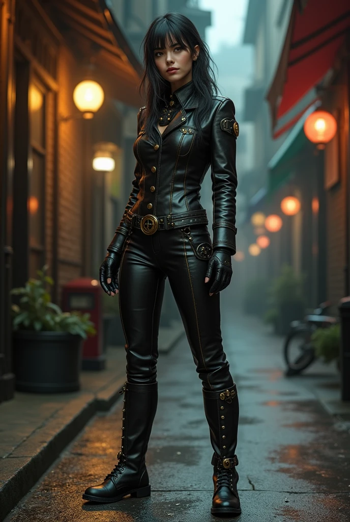(((full body shot))), (((leather boots))), ((standing on the ground)), Hyper realistic, a 4 steampunk model, Leather suit, pretty eyes, Badly lit steampunk street background, evening