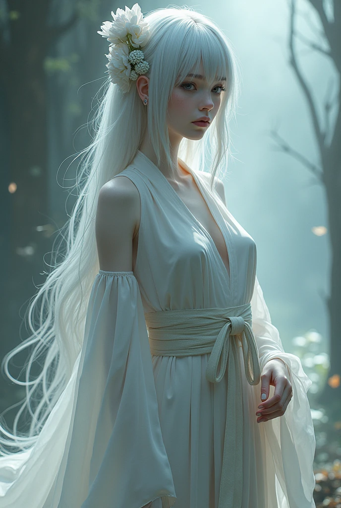 Shinigami, the Goddess of Connection, the Bridge of Life and Death, the Soul of All Life, the Picker, and the Punisher
Clothes:
Shinigami’s kimono is pale and ethereal, with colors that seem to fade into the air around her. The fabric is slightly transparent, offering glimpses of her pale, flawless skin beneath. The design is more traditional, yet it carries an eerie, ghostly beauty. The kimono’s sleeves are long and flowy, resembling the robes of ancient priests or reapers. The subtle eroticism in her attire lies in its delicacy and the way it clings to her form, hinting at the mysteries she embodies.
Appearance:
Shinigami’s hair shifts between shades of grey and silver, as if reflecting the twilight between life and death. Her eyes are pale, almost white, giving her an otherworldly gaze that is both captivating and unsettling. Her lips are a soft, pale pink, and her expression is calm and detached, embodying the inevitability of death. Her fair skin adds to her ethereal presence, making her appear as though she exists on the border between worlds.