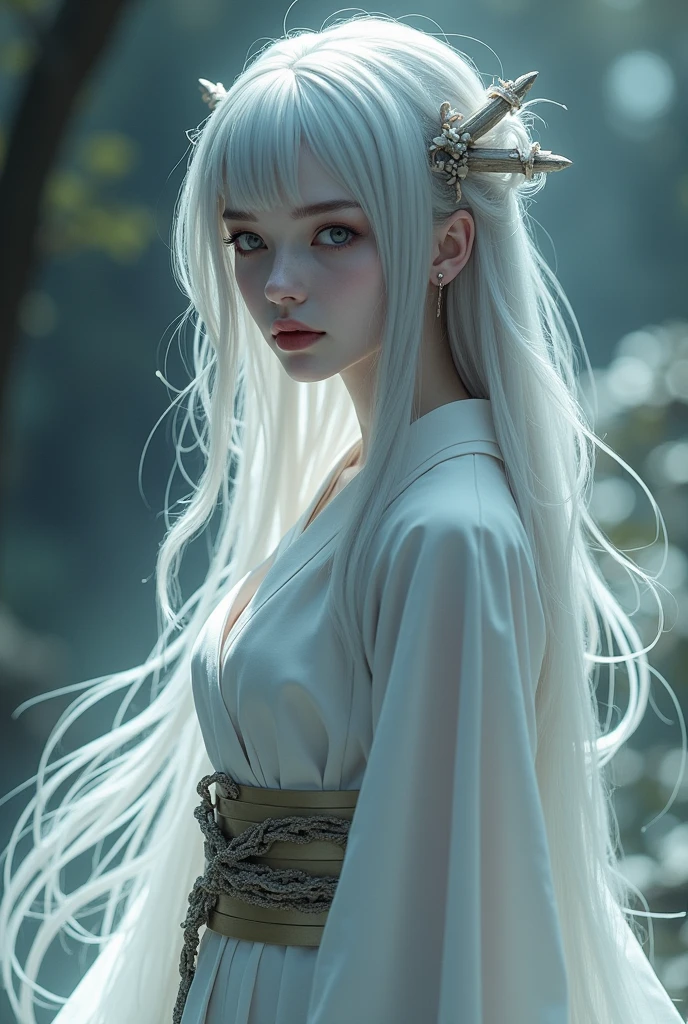 Shinigami, the Goddess of Connection, the Bridge of Life and Death, the Soul of All Life, the Picker, and the Punisher
Clothes:
Shinigami’s kimono is pale and ethereal, with colors that seem to fade into the air around her. The fabric is slightly transparent, offering glimpses of her pale, flawless skin beneath. The design is more traditional, yet it carries an eerie, ghostly beauty. The kimono’s sleeves are long and flowy, resembling the robes of ancient priests or reapers. The subtle eroticism in her attire lies in its delicacy and the way it clings to her form, hinting at the mysteries she embodies.
Appearance:
Shinigami’s hair shifts between shades of grey and silver, as if reflecting the twilight between life and death. Her eyes are pale, almost white, giving her an otherworldly gaze that is both captivating and unsettling. Her lips are a soft, pale pink, and her expression is calm and detached, embodying the inevitability of death. Her fair skin adds to her ethereal presence, making her appear as though she exists on the border between worlds.