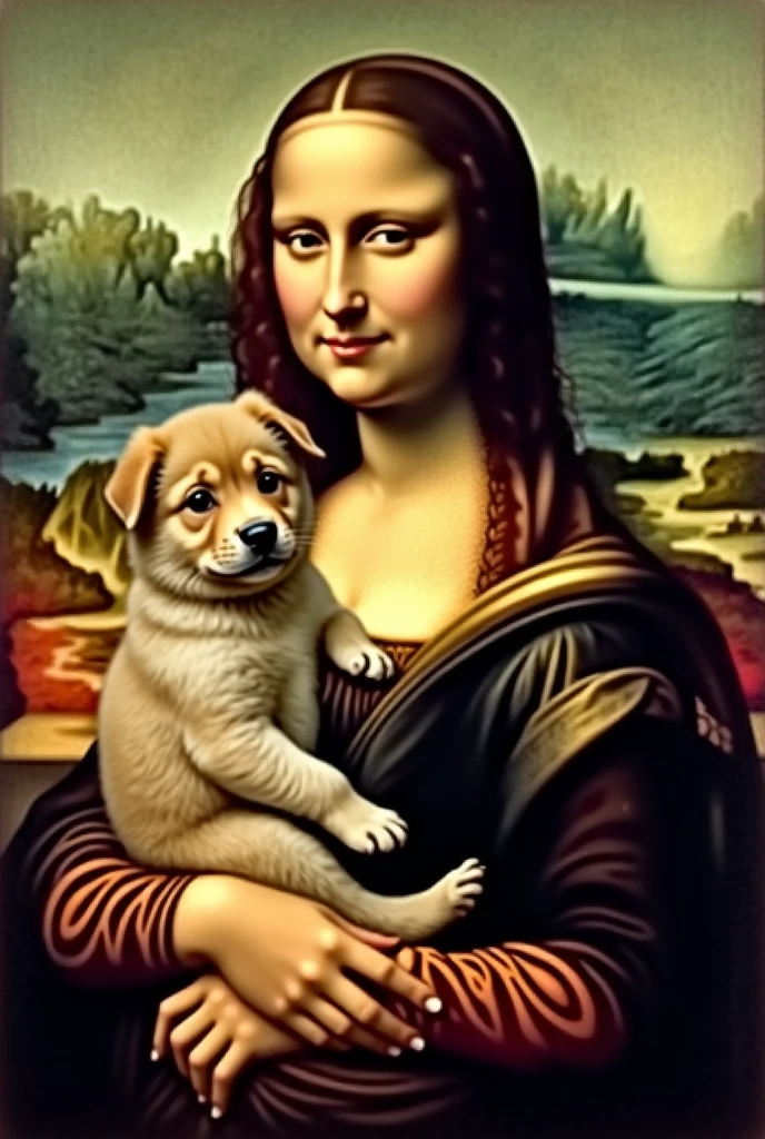 Mona Lisa holding a puppy