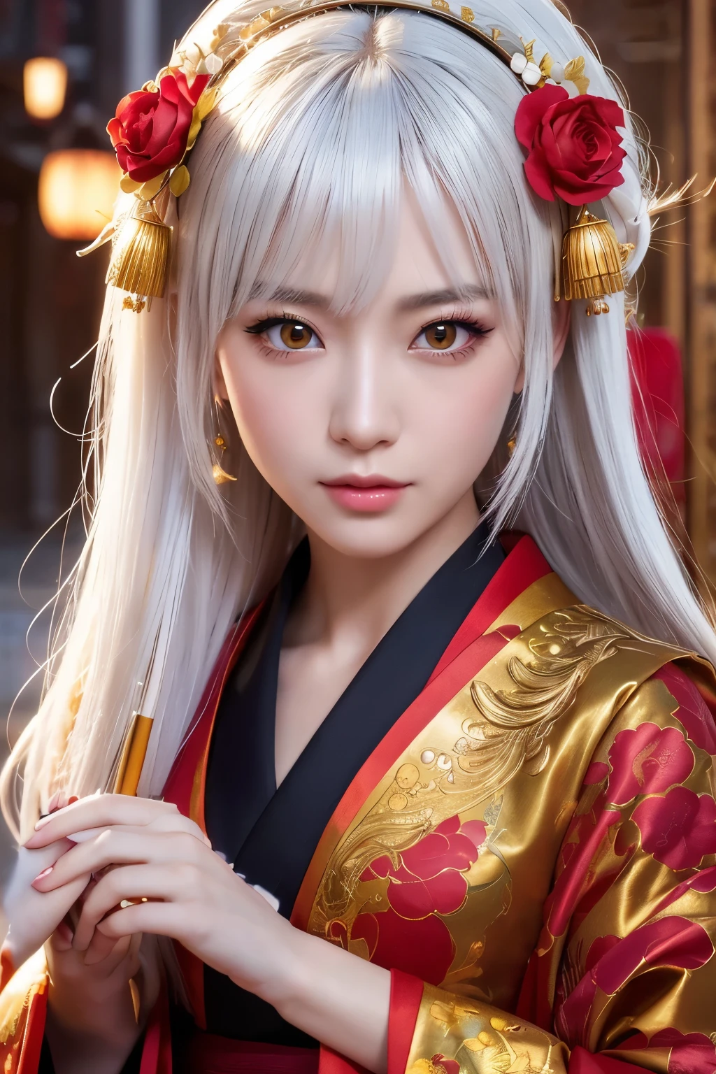 (8k,Photorealistic RAWphotograph Highest quality;1.4) A mature woman with beautiful white hair) Super Beautiful Japanese White Hair God (A vivid face) Costumeを着た中程度の胸の女性の接写, Japanese Mature God, Laughter Beautiful Fantasy Empress, Beautiful and attractive anime woman, Gweiz-style artwork, 8kの高品質で詳細なアート, Very detailed artgerm, Palace-like , Beautiful character drawings, Anime, Seductive anime woman 白い絹で作られたJapanese Kimono (Costume) 超High resolution Beautiful expression Surreal (Realistic Skin) Ultra-high density (Tabletop, Highest quality, Realistic, High resolution, photograph, :1.3) Super flashy makeup Golden Eyes Japanese Kimono Black and red bands Golden Band Code Red Rouge Beautiful black hair,Highest qualityのPhotorealisticRAWphotograph。Backlight、Cinema Lighting、Film Grain、50mm lens、Nikon D850、Ultra-Realistic Skin、Fantasy art、Character Art、超High resolution、muscular and slim body、Ultra-Realistic Skin,Perfect hands(Anatomical modeling),Oiran-style makeup,