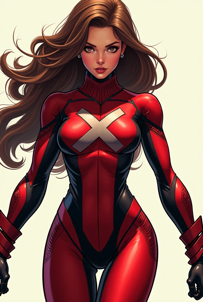 Comic style, A girl in X-Men red-black herosuit with yellow X-Men logo on the chest with cutouts, some back parts too, the girl have brown fluffy layered long hair, brown hair, bodysuit, gloves, no sleeves, 