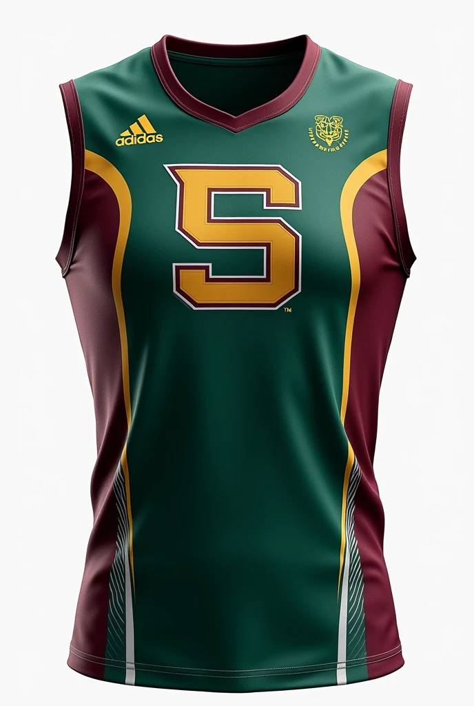 create a track and field jersey that has the school’s initial with the main color as dark green and maroon, make it sleeveless and put more elements of track and field in it, also put some shades of maroon