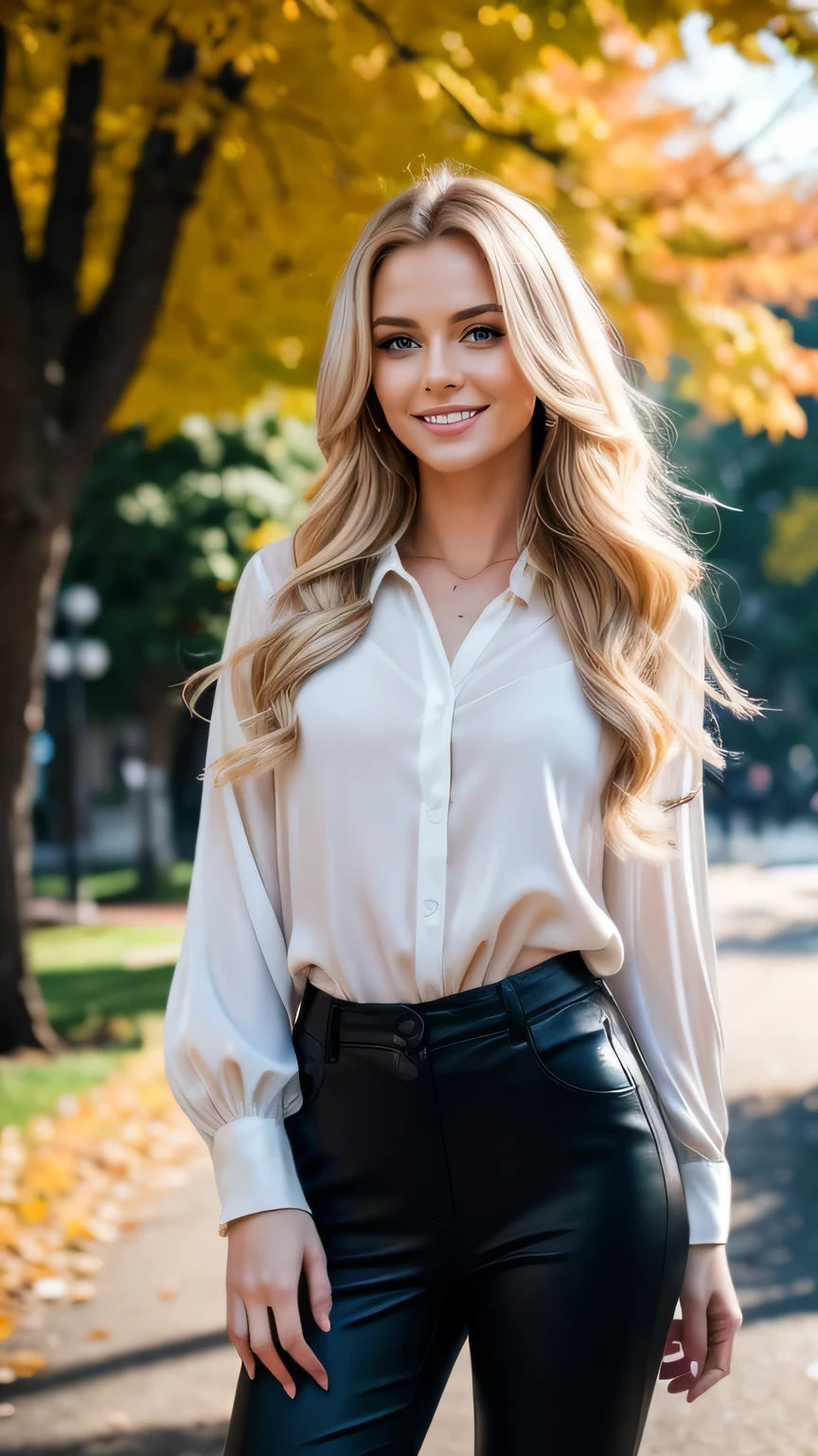 Realistic full body photo of a smiling, Young blonde woman with long hair, She dances in front of the camera in a purple silk blouse with tight pants...., Park,glamour fotoshooting, Park, perfect anatomy, perfect blue eyes. Perfect hands with 5 fingers on each hand, Matching girl, looking at the camera, 1 Frau. (Eye make up:1.1), (highly detailed skin:1.1), spirit, analog style, keen focus, 8K UHD, dslr, good quality, Fujifilm XT3, Grain, Award-winning, masterpiece. Park