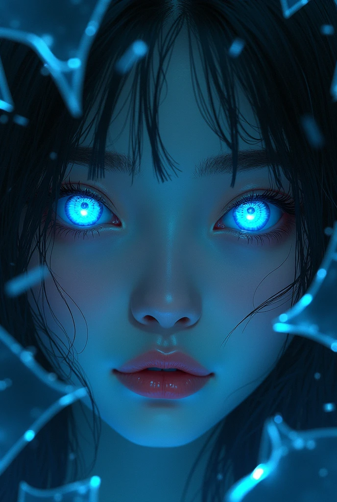 Create a cover for a book, showing fragmented glass, In the darkness, bright light blue Asian female eyes stand out , that shine in the darkness of broken glass