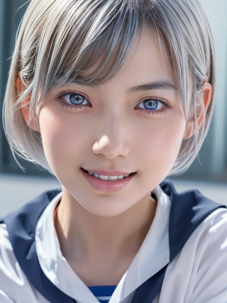 NSFW,(a ultra cute beautiful girl wearing highschool uniform:1.5),(charming smile:1.25),large clear light blue eyes,droppy eyes,balanced eyes,transparent white skin,(silver short hair:1.5),photorealistic, 8k, ultra-detailed, masterpiece, realistic, vivid colors, beautiful detailed eyes, beautiful detailed lips, extremely detailed face, intricate details, hyper realistic, cinematic lighting, dramatic shadows, stunning composition, intense atmosphere, highly detailed skin, exquisite facial features, volumetric lighting, raytraced global illumination, physically-based rendering, professional digital art,high resolution fix,(Ecstasy:1.25)