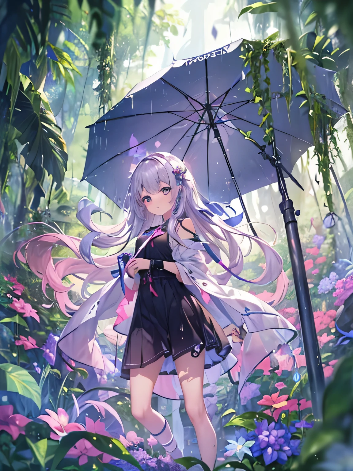 (((masterpiece)))、(((Top quality)))、((Ultra Detailed))、(Implications)、((Extremely refined))、、A bright smile、floating、Lilac hair、(Detailed lighting) (1 Girl)、、solo、Long hair、The wind is blowing、One World、（Lovely eyes）、jungle、Heavy rainfall、Solid Color、There are vines everywhere、huge wet tree々