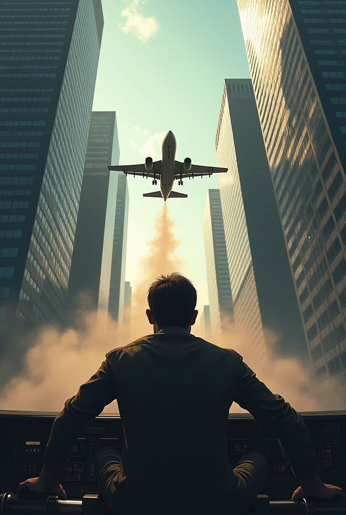 Dad piloting a plane that is going to crash into two buildings
