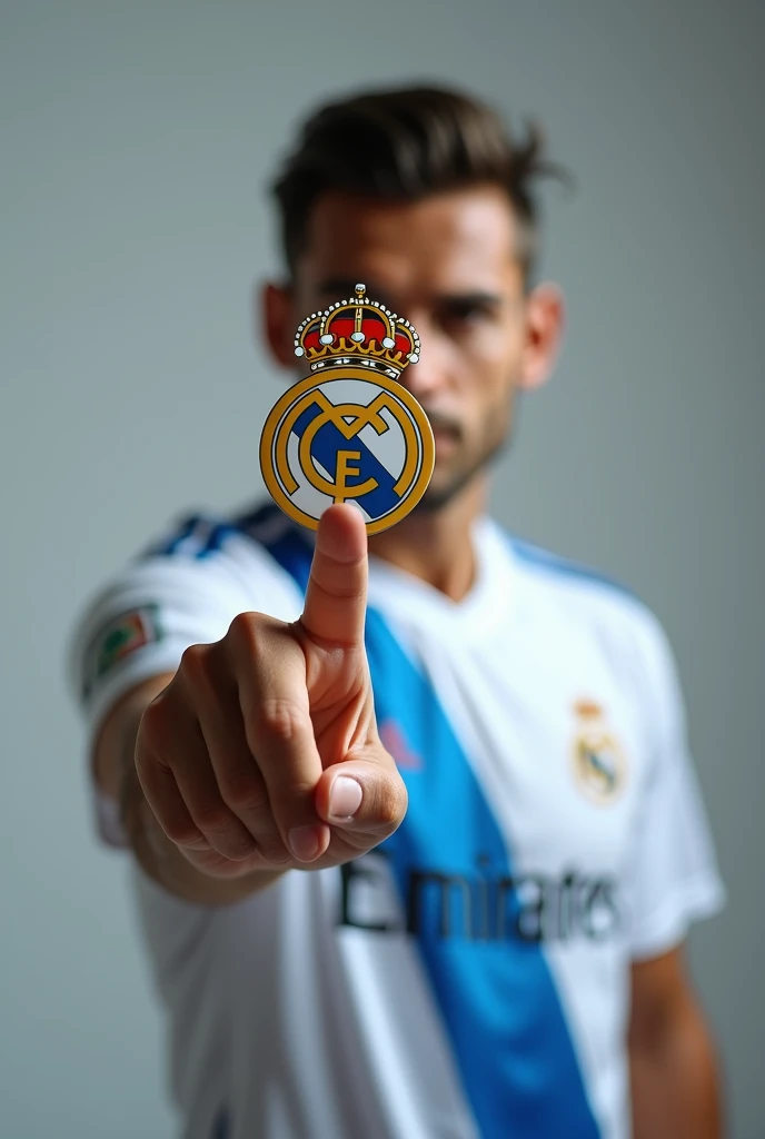 A men wearing real Madrid shirts showing shirts logo from his finger