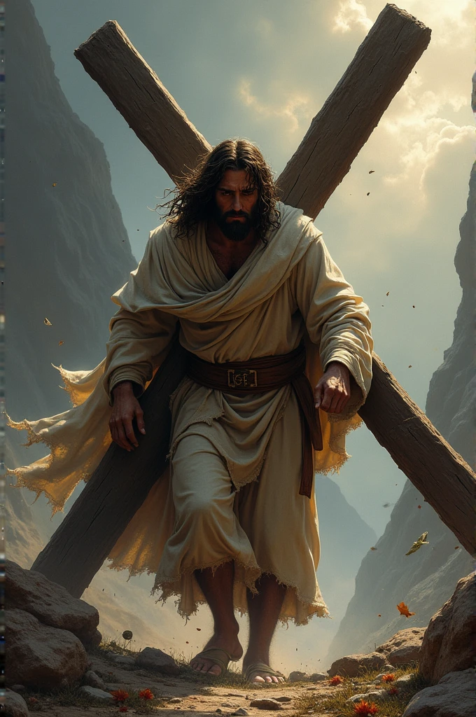 Create a powerful and evocative illustration of Jesus Christ carrying the cross. Depict Him with a burdened yet determined expression, struggling under the weight of the cross. The scene should capture the intense emotion and physical strain, with a backdrop of a rugged, mountainous terrain or a somber sky. Emphasize the details of His robes, the texture of the cross, and the surrounding atmosphere to convey the gravity of the moment."