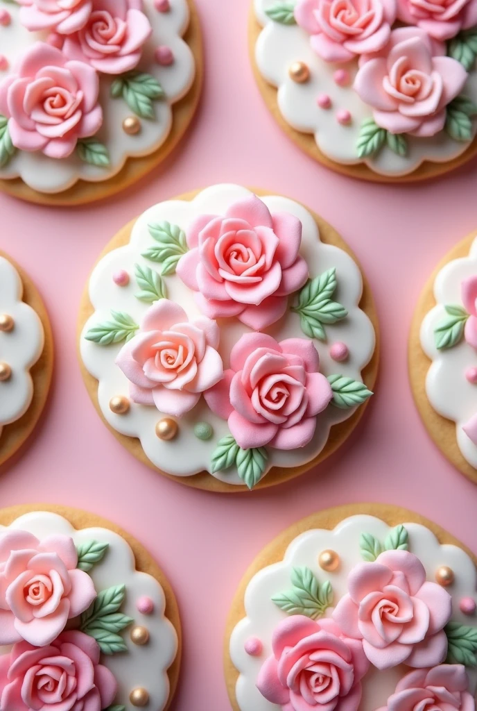 Icing Cookies、pastel、Written by hand、Flower、Contour、design、Botanical、Artistic, Very detailed, 8 pieces、From above、pink、masterpiece, calligraphy