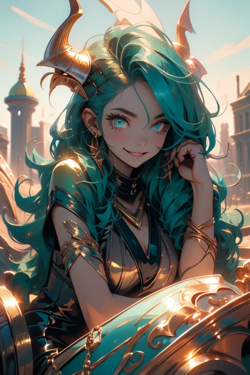 Perfect face. Perfect hands. A teal haired woman with golden eyes and an hourglass figure with golden horns in a golden gown is smiling while laying down in a landscape of brimstone