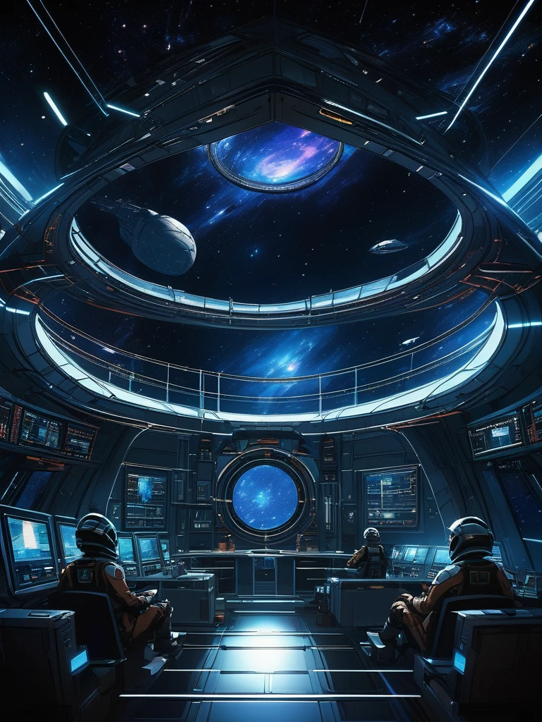 Space opera anime scene of a crew aboard their spaceship overlooking a distant galaxy, the vastness of space contrasted with the detailed interior of the ship, digital composition, trending on ArtStation.,