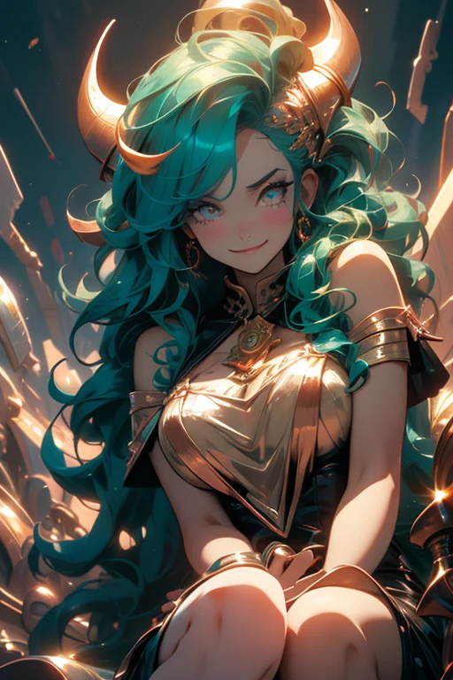 Perfect face. Perfect hands. A teal haired woman with golden eyes and an hourglass figure with golden horns in a golden gown is smiling while playing with golden fire in a landscape of brimstone
