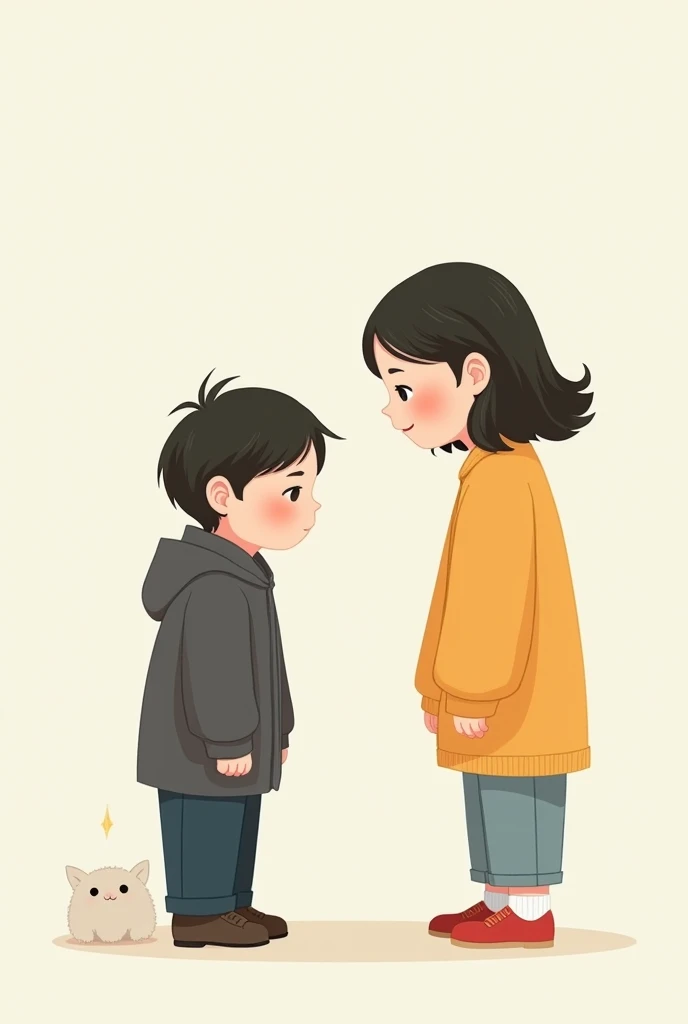 Create an illustration of two people sitting facing each other。
Person on the left:
My face is a little red、Break into a cold sweat、Looking away。
Please draw the body as if it is small and hunched over.。
Dress modestly、In dark shades。
Person on the right:
With a gentle smile、Looking at the person on the left。
The body is in a relaxed position。
The clothes are brightly colored、In a friendly atmosphere。
There is a little distance between the two、The background is simple and light grey.。
I would like the overall style to be a cute illustration with a soft touch.。
keyword:
A sense of inadequacy, tension, anxiety, calmness, kindness, communication points:
To convey the tension of the person on the left、Emphasize facial expressions and posture。
The calm and secure atmosphere of the person on the right is conveyed、Show your smile and attitude。
The color usage is、The person on the left is in cool colors.、The person on the right looks best when using warm colors.。