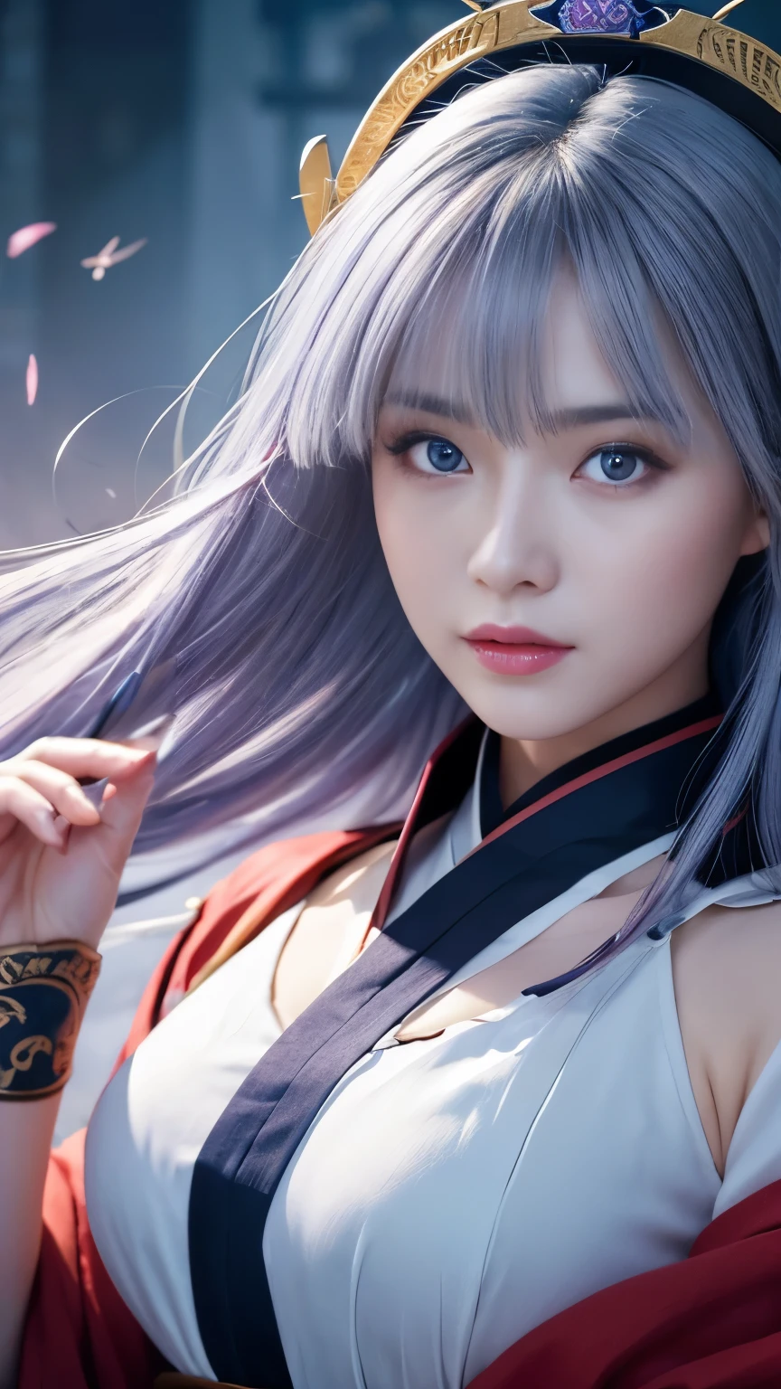 masterpiece, high quality、high resolution、High resolution、wonderful, (CG illustration、8k )、night, Outdoor, ancient China, ((2 women)), Mature Woman, Blue and white hair color, Gray blue eyes, Pale pink lips, Indifference, 真swordさ, bangs,Surreal Onmyoji、 assassin, sword, Facial details, Facial details、purple、red、Upper Body、、sexy、Alluring、Bold、Hyper Effect Effect、Dynamic action scenes、Fly around、Heian period、