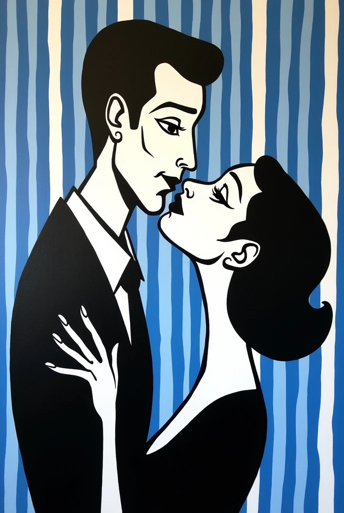 The image features a black and white painting by Pablo Picasso, depicting a man and a woman in a passionate embrace. The man is kissing the woman's face, and they are both looking at each other with intense expressions. The scene is set against a backdrop of a blue and white striped wallpaper. The man is positioned on the left side of the painting, while the woman is on the right. Both figures are prominently displayed, with the man being slightly taller and occupying a larger portion of the image. The woman's face is the focal point of the painting, as the man's lips are pressed against it, creating a sense of intimacy and connection between the two characters. The overall style of the painting is reminiscent of Picasso's famous Cubist works, with bold lines and geometric shapes used to create a sense of depth and emotion.