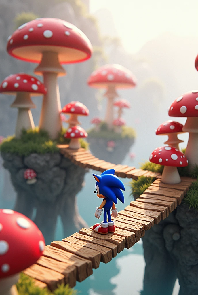 elements from the "sonic" game universe on islands floating, with mushrooms, wooden bridges,photo realistic, ultra detailed,panoramic, with every scale, fold and texture meticulously rendered in ultra-high definition, evoking a sense of tangible, realistic presence against a neutral, gradient environment. clean composition,polished photofgraphic,sacred geometry composition, 8k resolution, using cutting-edge Unreal Engine 5 technology to produce an image of unparalleled fidelity, with 4:9 aspect ratio resolution and quality setting 2, scaled to 1000 pixels.