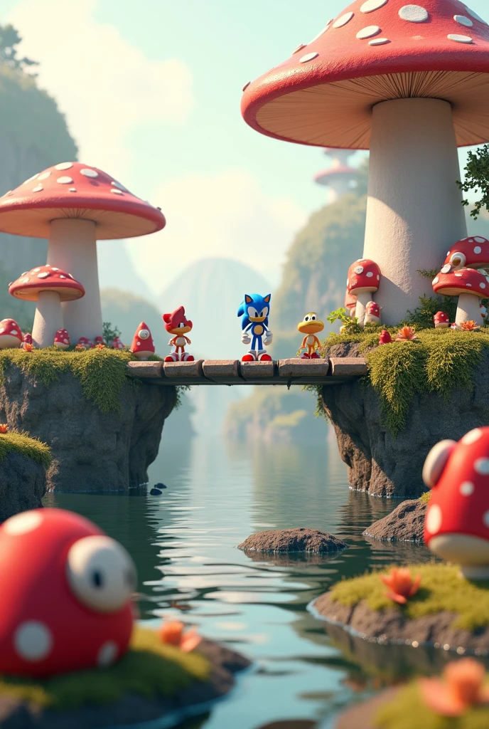 elements from the "sonic" game universe on islands floating, with mushrooms, wooden bridges,photo realistic, ultra detailed,panoramic, with every scale, fold and texture meticulously rendered in ultra-high definition, evoking a sense of tangible, realistic presence against a neutral, gradient environment. clean composition,polished photofgraphic,sacred geometry composition, 8k resolution, using cutting-edge Unreal Engine 5 technology to produce an image of unparalleled fidelity, with 4:9 aspect ratio resolution and quality setting 2, scaled to 1000 pixels.