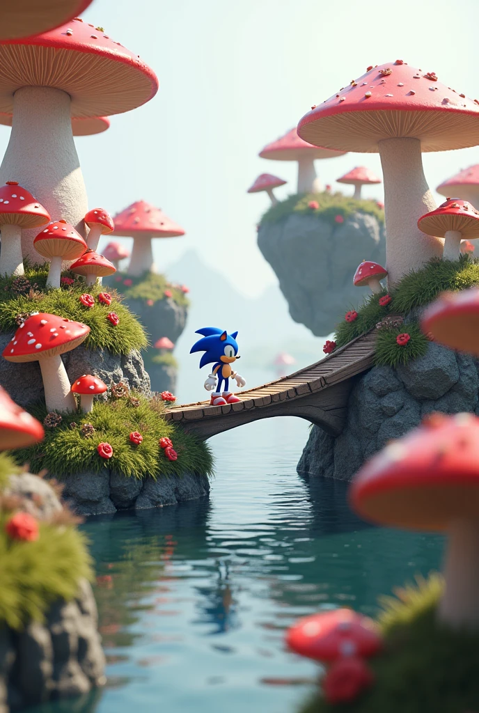 elements from the "sonic" game universe on islands floating, with mushrooms, wooden bridges,photo realistic, ultra detailed,panoramic, with every scale, fold and texture meticulously rendered in ultra-high definition, evoking a sense of tangible, realistic presence against a neutral, gradient environment. clean composition,polished photofgraphic,sacred geometry composition, 8k resolution, using cutting-edge Unreal Engine 5 technology to produce an image of unparalleled fidelity, with 4:9 aspect ratio resolution and quality setting 2, scaled to 1000 pixels.