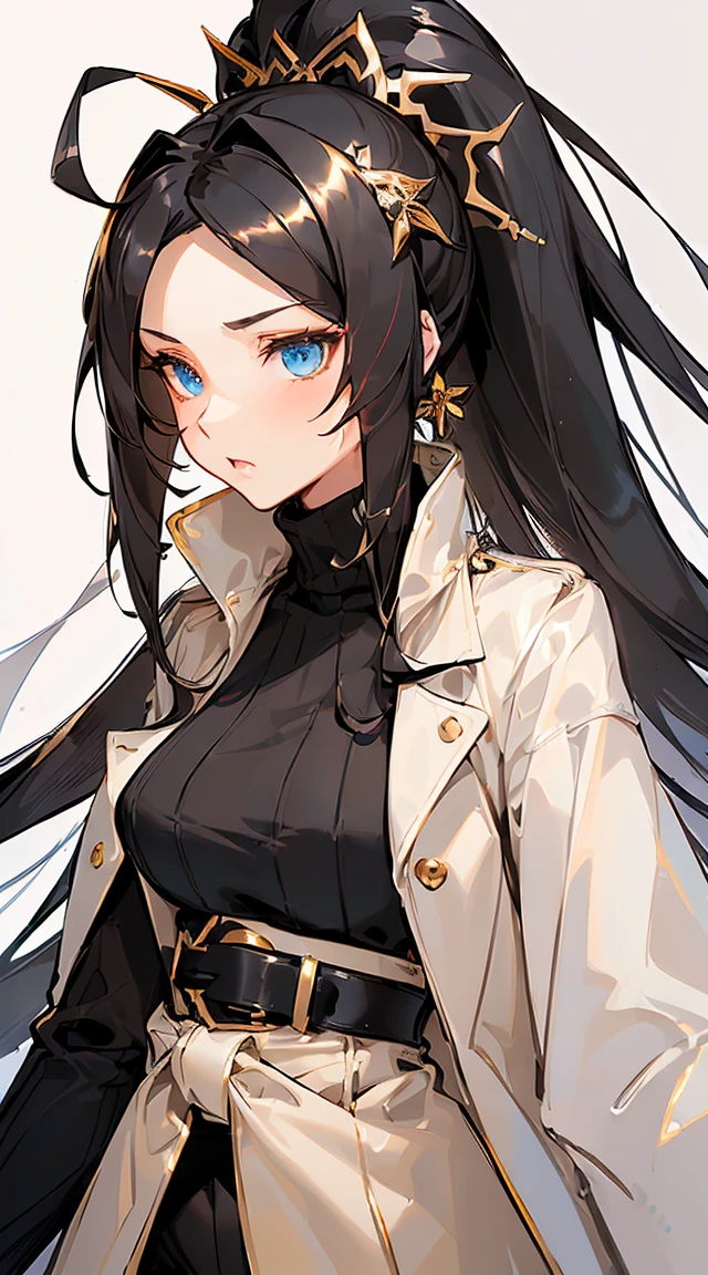((Best quality at best)), (hyper-detailing), ((hyper HD)), (High quality face shape), (((masterpiece))), hight contrast, A woman who is, kiana kaslana \(honkai impact 3rd\), herrscher of finality, white hair, ahoge, ponytail, very long hair, blue eyes, skiny skin, (sleek trench coat:1.5), (black turtleneck:1.4), (belted waist:1.6), (gold hair ornaments:1.5), (knee-high stockings:1.4), (flowing black hair:1.6), (formal yet stylish:1.5), (subtle elegance:1.4), (minimalist accessories:1.4), (polished look:1.5), (refined design:1.4), (anime style:1.5)