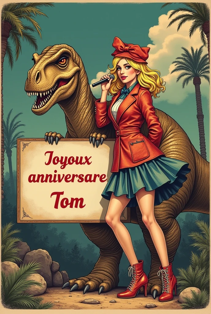 Une gravure avec une jeune femme chanteuse de pop blonde chevauchant un apatosaurus tenant une pancarte « Joyeux anniversaire Tom » 
