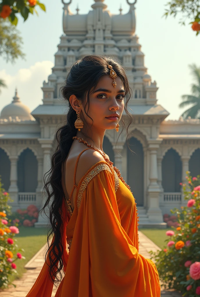 Beautiful Indian girl standing next in front of temple