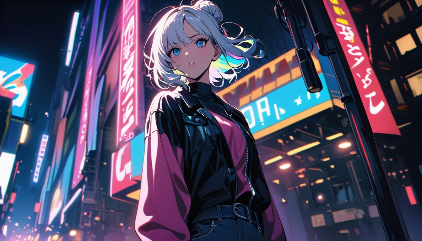 HD 8k Handsome sexy-cute, Solitary, 1 HD-8k Human focus female, looking away Medium Length Hair, white hair, Rainbow hair, hair bun ,blue Eyes, Hip-hop style, background is 1980's City-Pop Night Tokyo,