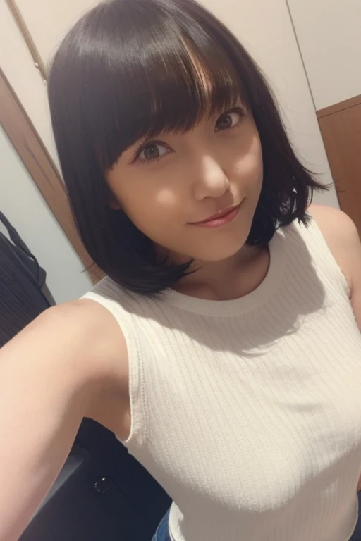 One girl, Beautiful woman knit tanktops, デニムのショーツ skinny, Perfect body,  Golden Hair, Standing in a living room with white walls,  Highly detailed face, Beautiful Eyes, Beautiful Lips, double eyelid, A shy smile, Shorn bangs, Sunburned skin, Pubic Hair Tips, (Highest quality, 8k, masterpiece:1.3), front and full body shot, Pussy Line, Positive, Spread your legs wide