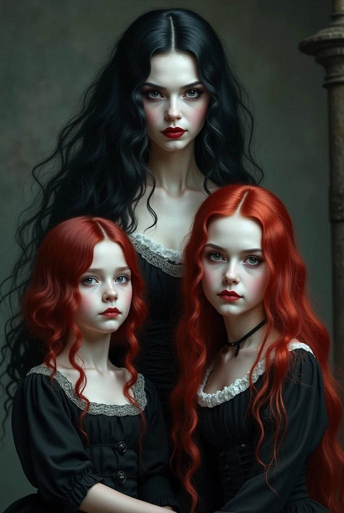 Depict an 18th century vampire family, including an extremely beautiful mother with long black hair;  two little girls with red hair, one with white hair and one with black hair. Follow exactly the characteristics described