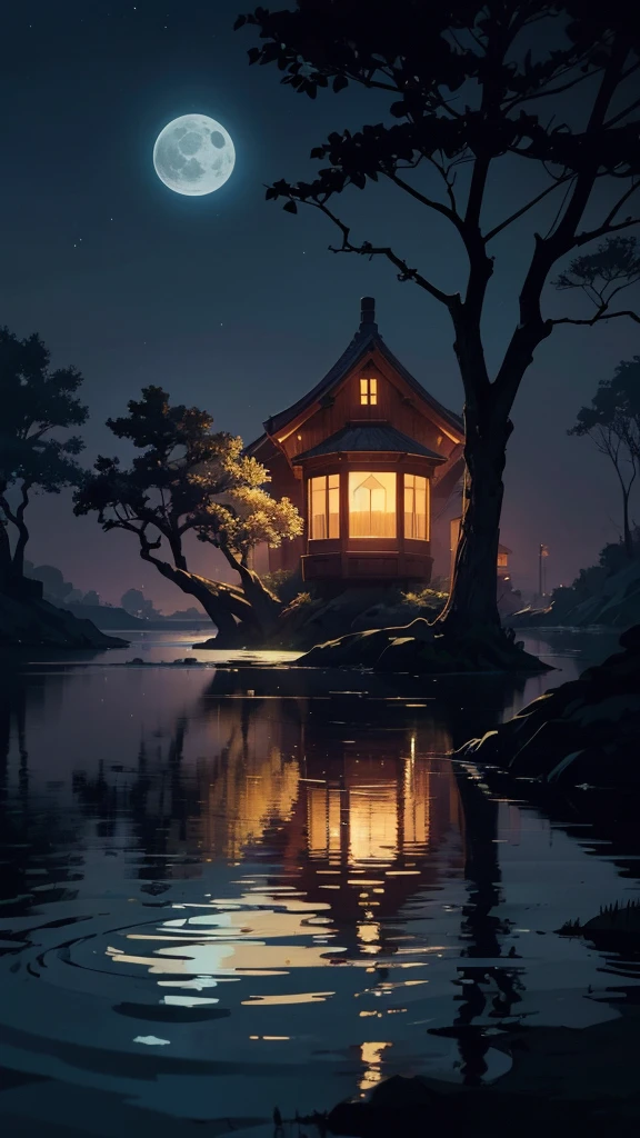 Create an image featuring a serene night scene with a large tree on the left side, under which there is a small wooden house with lights on. The background includes a full moon in the sky, casting light and creating silhouettes of the leaves and branches. A bird is perched on one of the tree's branches, outlined against the moon. The scene is by a calm body of water that reflects the house, tree, bird, and moonlight to create a symmetrical reflection. The overall atmosphere should be peaceful and tranquil, invoking a sense of solitude and connection with nature.