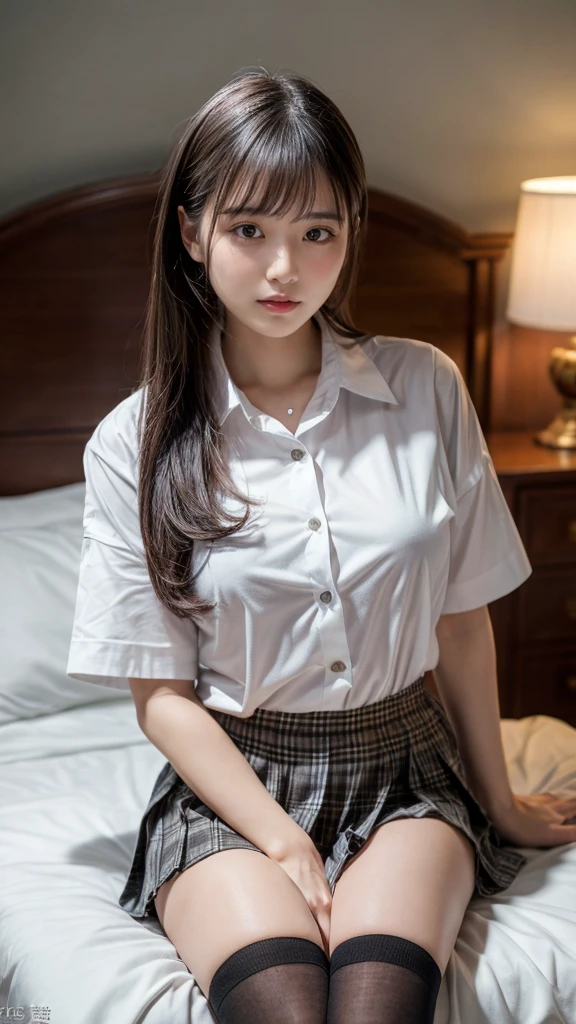 (8K, RAW Photos, Highest quality, masterpiece:1.2), (professional photography, full colors, studio-caliber color grading), (Gravure quality for high-end fashion magazines),  BREAKld girl, (boyish:1.15), (mannish:1.1), Big Natural Color Lip, Plumpy body, (smooth skin:1.1), (huge breasts:1.0),  BREAK (school uniform:1.2), ((loose style, tucked out tops):1.2), (fusion of oversized white tunic and white collared-shirt with untucked:1.4), (short sleeve:1.3), (button-up:1.4), (black and gray plaid pattern pleated mini skirt:1.2), (thigh skin:1.4), (socks:1.2), (loafers:1.1), BREAK hotel room