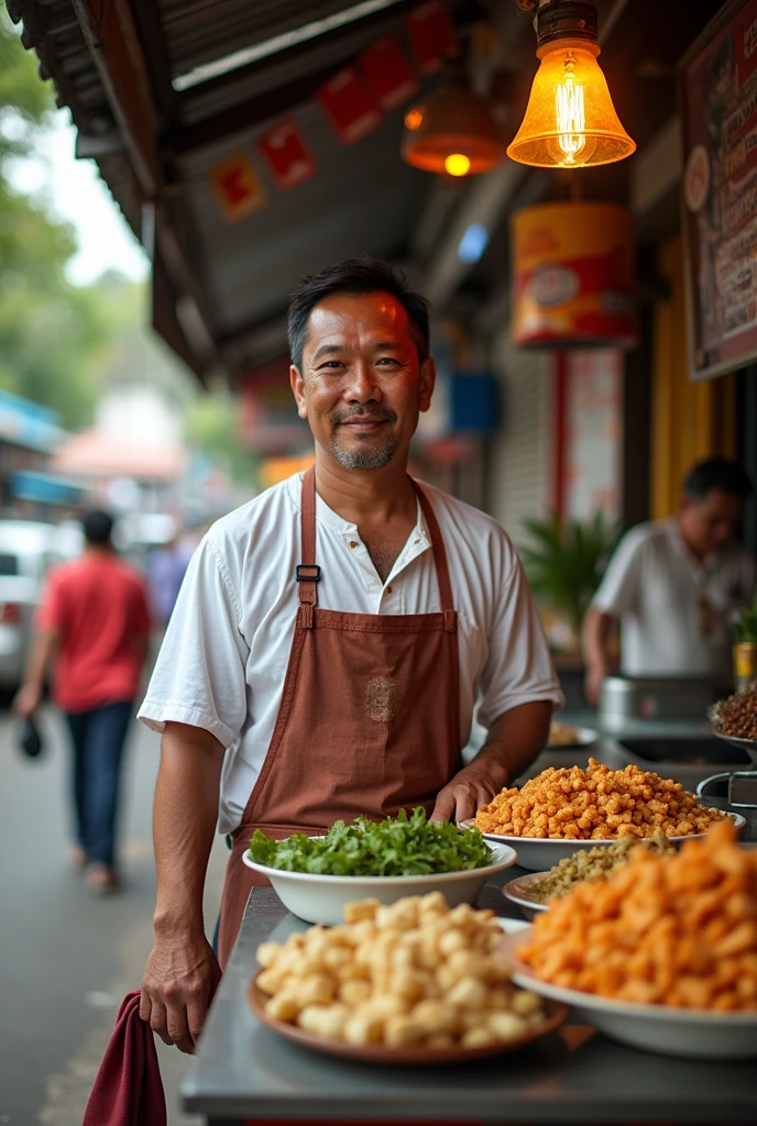 Filipino man vendor in apron in a karenderya facing camera