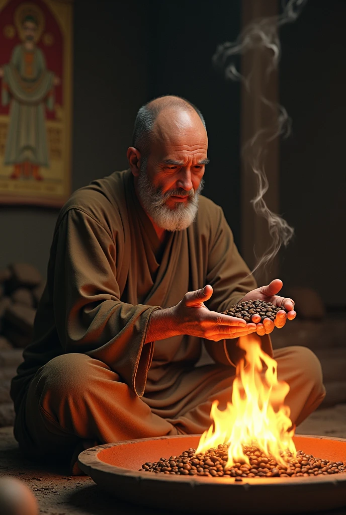 Monk throwing coffee berries into the fire