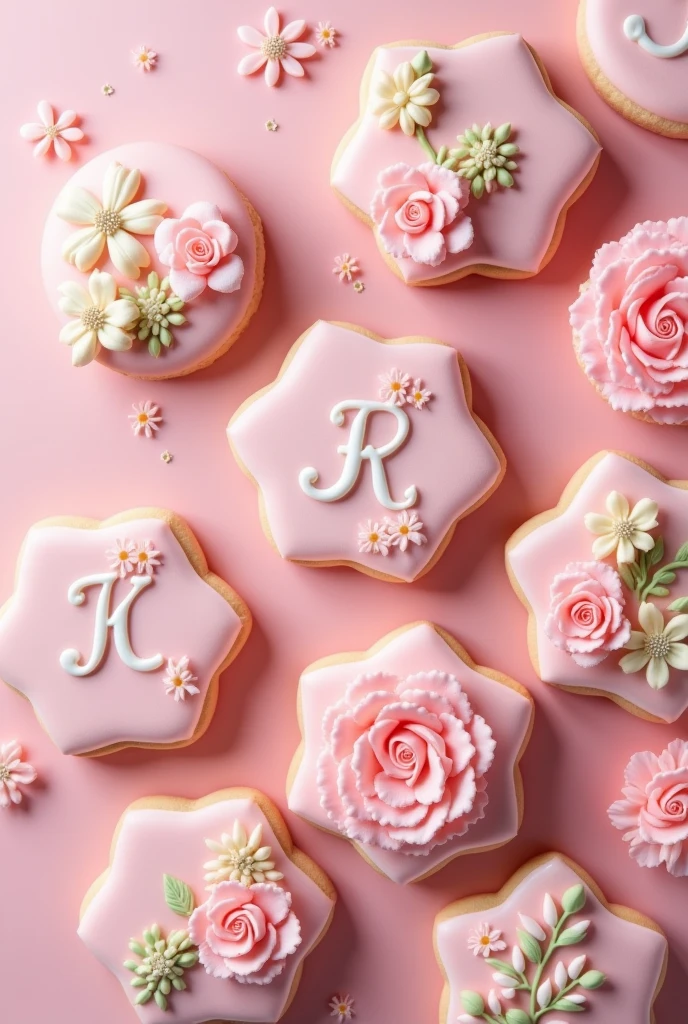 Icing Cookies、pastel、Contour、design、Botanical、Artistic, Very detailed, 8 pieces、From above、pink、masterpiece, calligraphy、letter