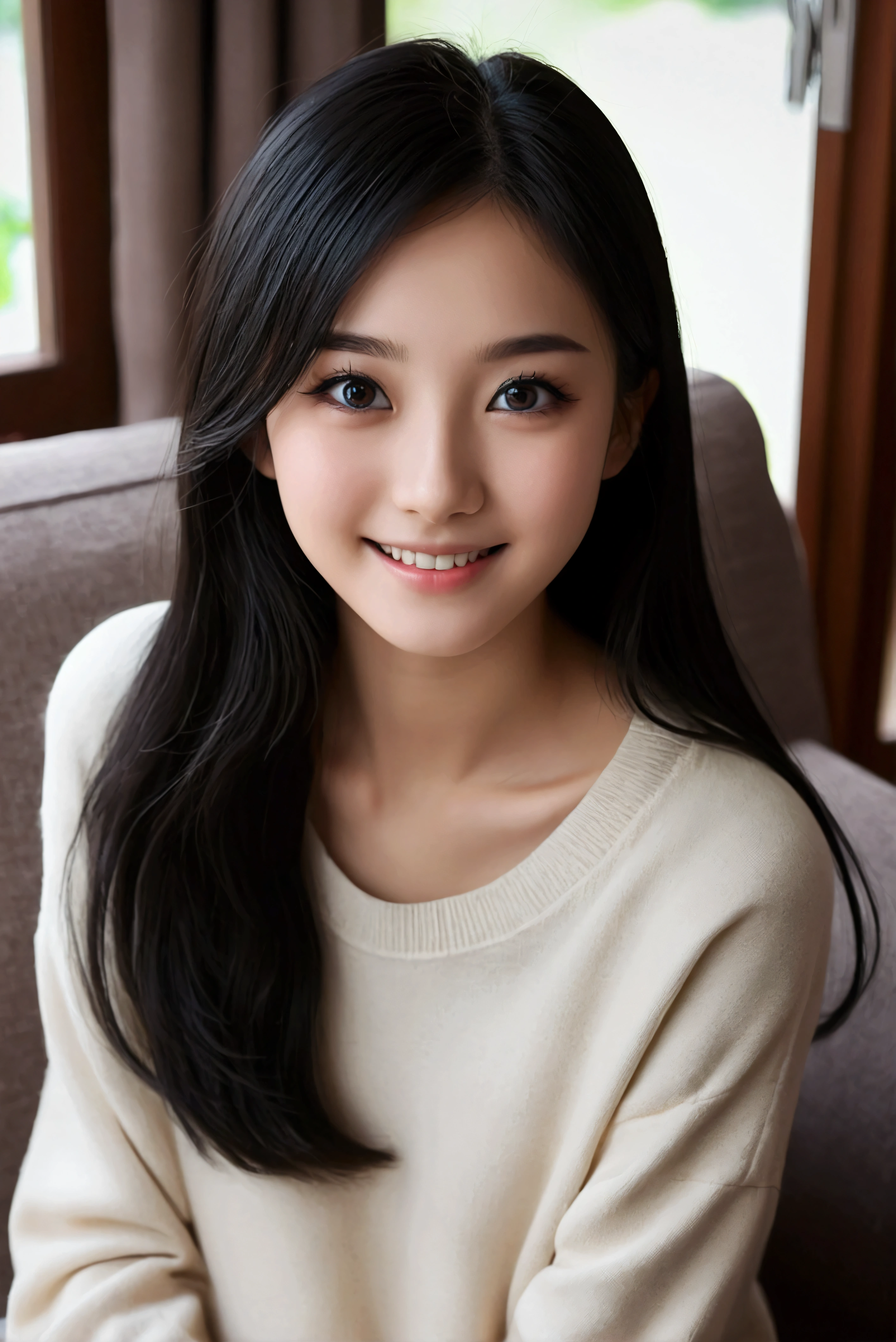 Dark Eyes、pretty girl, Slim figure, , Aerial photos, Detailed face, Black Eyes、Beautiful Eyes, Long eyelashes, black eye、Cute expression, Cozy living room, Realistic, 4K, high quality,Black Hair,smile,Japanese、high school student、Girl、美Girl、Double、Dark Eyes
