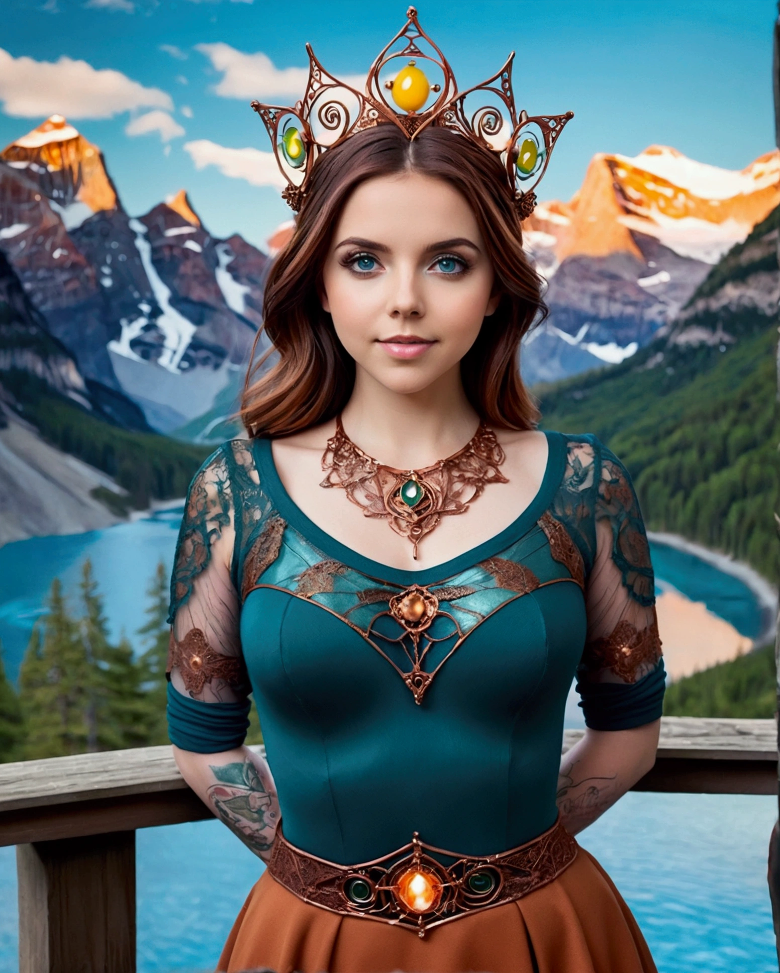 Steampunk Inspired Elven Princess. Copper Wire Necklaces & Bangles. Crown Of Fine Copper Wire. Copper Coloured Tatoos Cover Her Face And Body Intricate & Beautiful Designs. Hands On Hips. Ember Colored Eyes. Pure White Dress, Hemmed With Copper, Covered In Copper Lace & Filligree. Cppper Designs Cover The Skirt In A Kaleidoscope Of Copper Designs. Background Is Forrest. A Blend Of Ariel Winter & Alison Brie, Symmetrical Face Exudes Elegance &Grace. Cozy, Romantic Lighting. Cheerful Smile. Copper Hair That Shimmers And Sparkles In The Light. Hourglass Figure.
