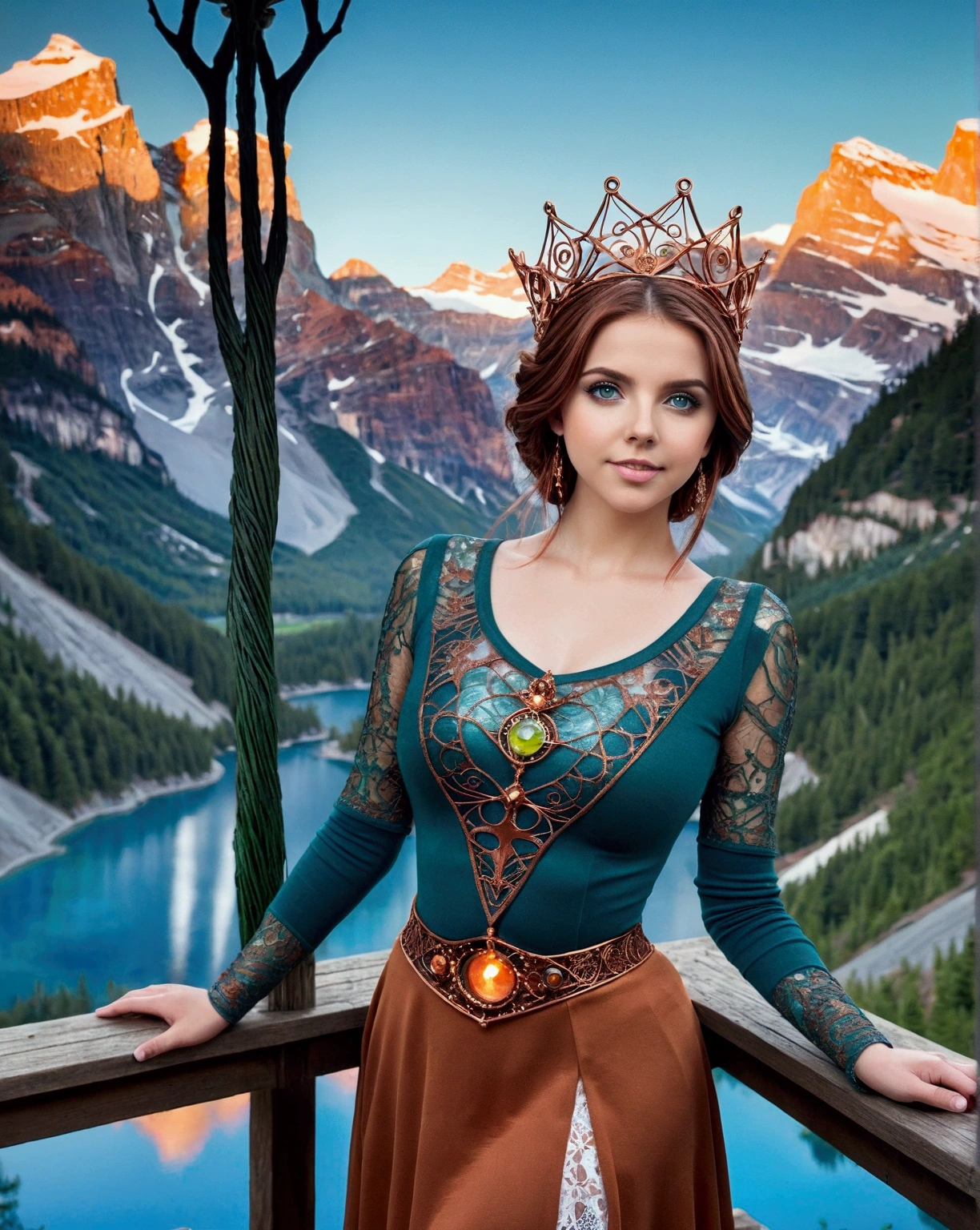 Steampunk Inspired Elven Princess. Copper Wire Necklaces & Bangles. Crown Of Fine Copper Wire. Copper Coloured Tatoos Cover Her Face And Body Intricate & Beautiful Designs. Hands On Hips. Ember Colored Eyes. Pure White Dress, Hemmed With Copper, Covered In Copper Lace & Filligree. Cppper Designs Cover The Skirt In A Kaleidoscope Of Copper Designs. Background Is Forrest. A Blend Of Ariel Winter & Alison Brie, Symmetrical Face Exudes Elegance &Grace. Cozy, Romantic Lighting. Cheerful Smile. Copper Hair That Shimmers And Sparkles In The Light. Hourglass Figure.

