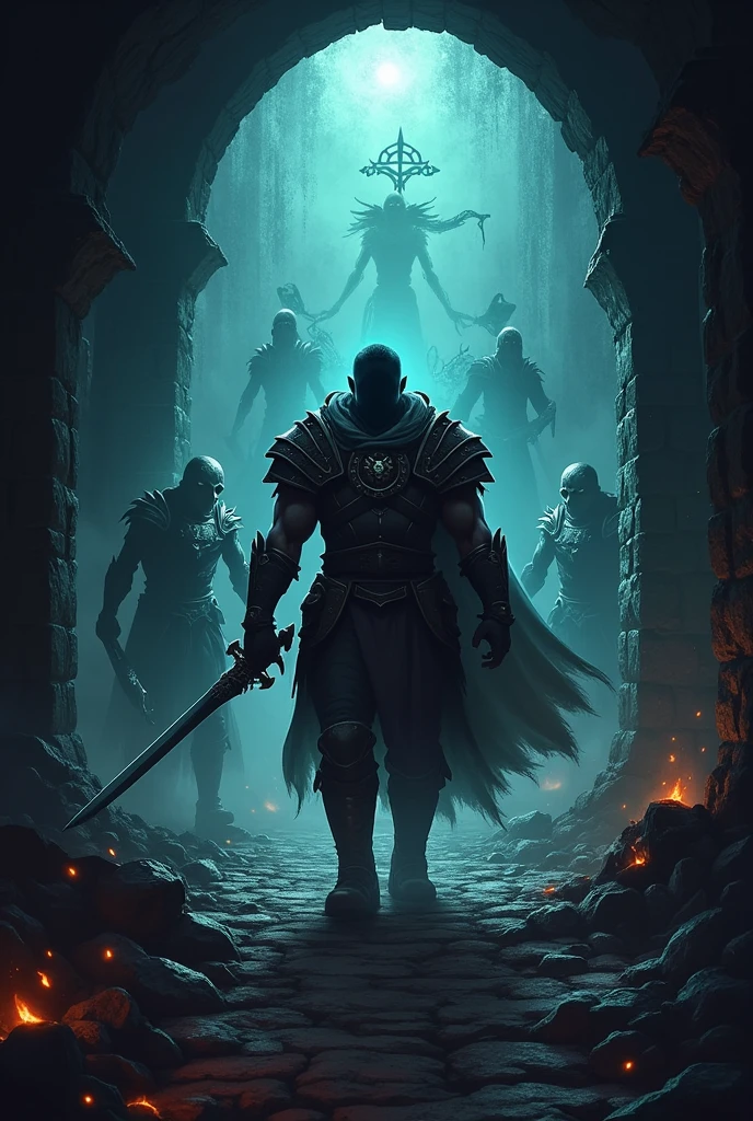 Logo for a video game about a guy fighting in a dungeon against ghosts and skeletons