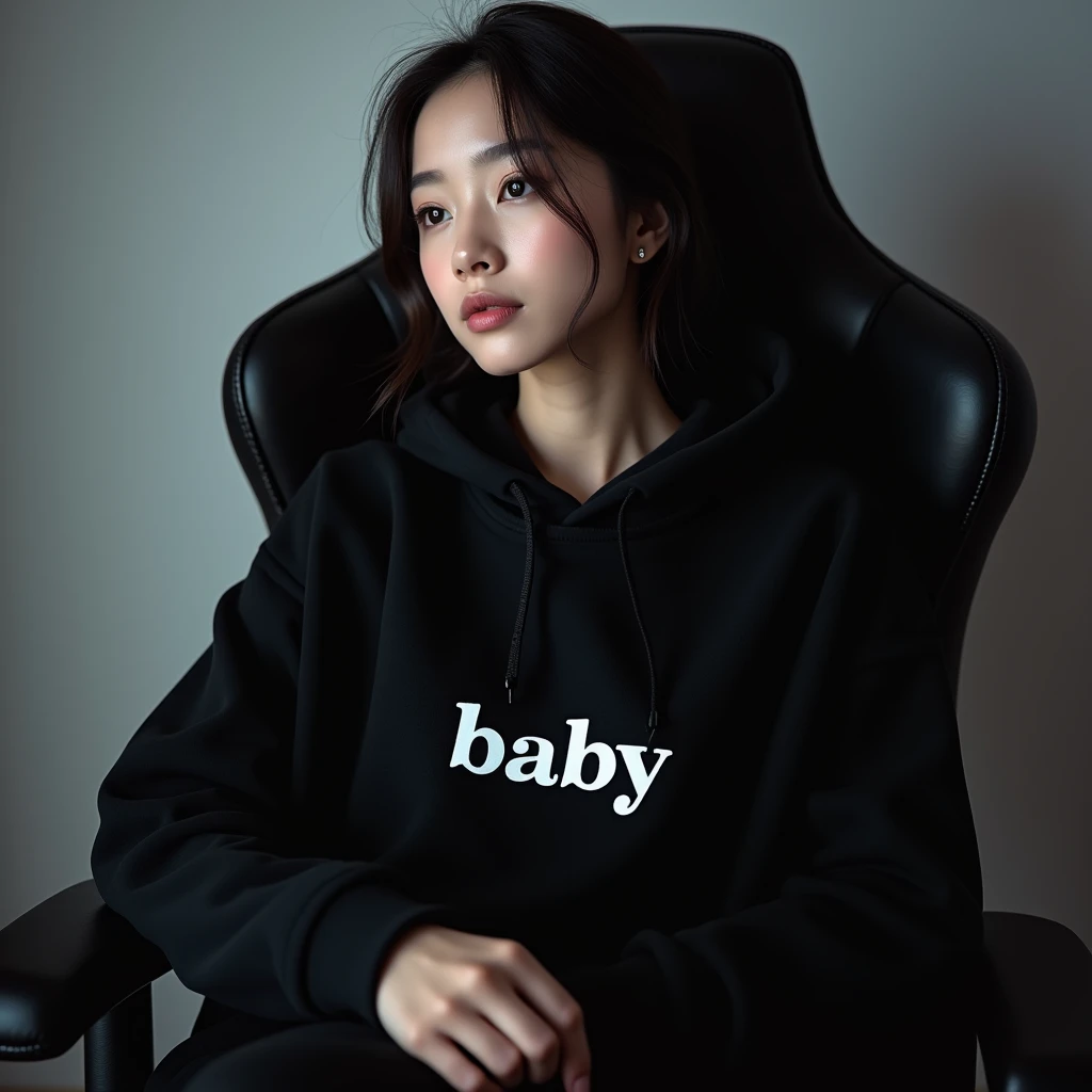 A beautiful Korean woman sitting on a gaming chair wearing a black polite hoodie , with name on hoodie "   "