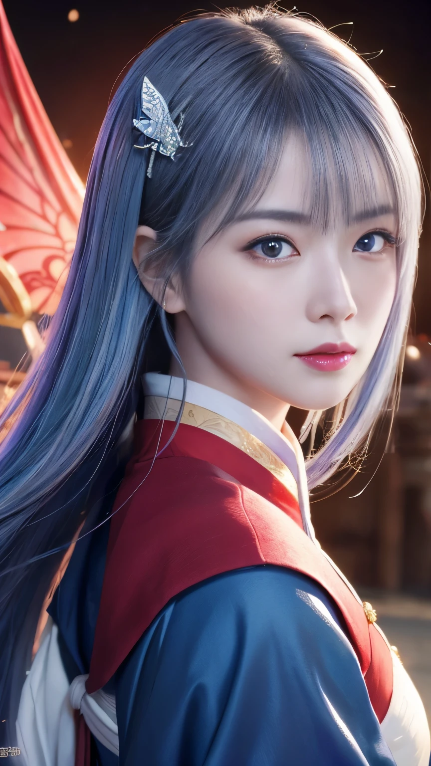 masterpiece, high quality、high resolution、High resolution、wonderful, (CG illustration、8k )、night, Outdoor,  ancient China, ((2 women)), Mature Woman, Blue and white hair color, Gray blue eyes, Pale pink lips, Indifference, 真swordさ, bangs,Surreal Onmyoji、 assassin, sword, Facial details, Facial details、purple、red、Upper Body、、sexy、Alluring、Bold、Hyper Effect Effect、Dynamic action scenes、Fly around、Heian period、The Strongest Onmyoji、Luminous Magic Square、Super Acme、