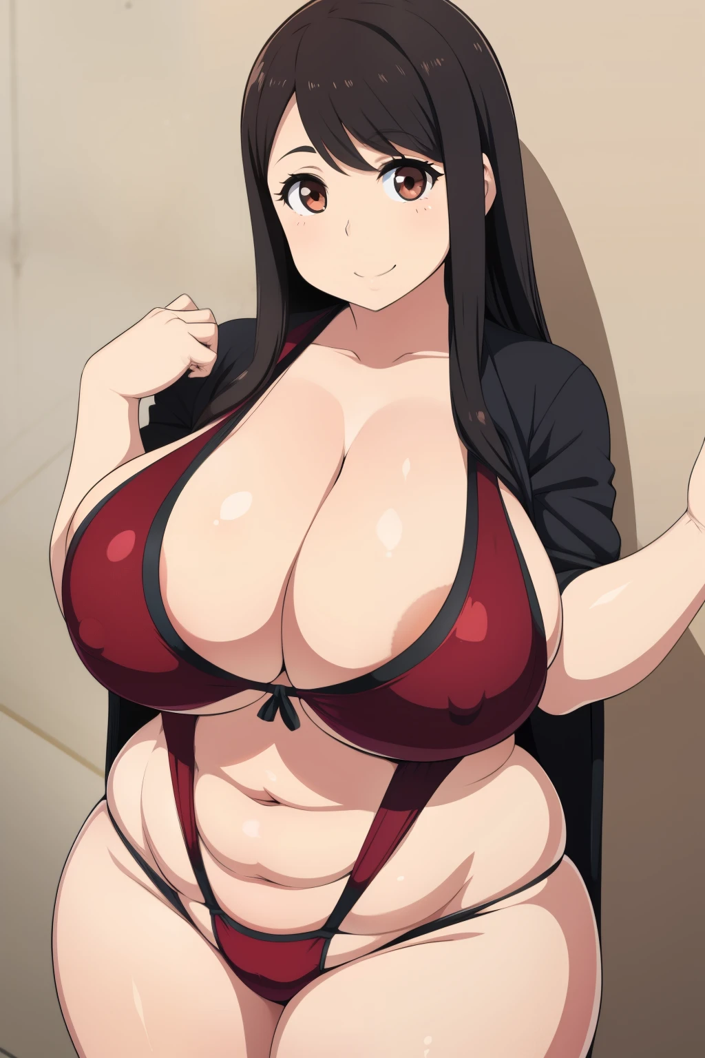 Plump year 21 big breasts black hair brown eyes chubby smile longer hair red swimsuit