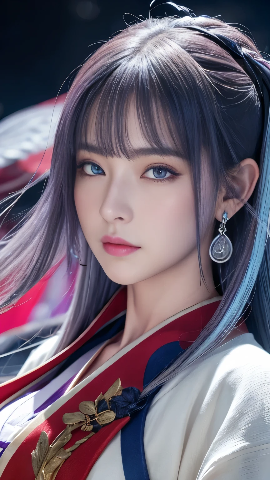 masterpiece, high quality、high resolution、High resolution、wonderful, (CG illustration、8k )、night, Outdoor, ancient China, ((2 women)), Mature Woman, Blue and white hair color, Gray blue eyes, Pale pink lips, Indifference, 真swordさ, bangs,Surreal Onmyoji、 assassin, sword, Facial details, Facial details、purple、red、Upper Body、、sexy、Alluring、Bold、Hyper Effect Effect、Dynamic action scenes、Fly around、Heian period、The Strongest Onmyoji、Luminous Magic Square、Super Acme、