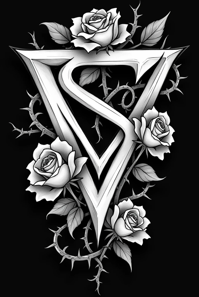 A black and white tattoo related to Samira from League of Legends including her S and her roses