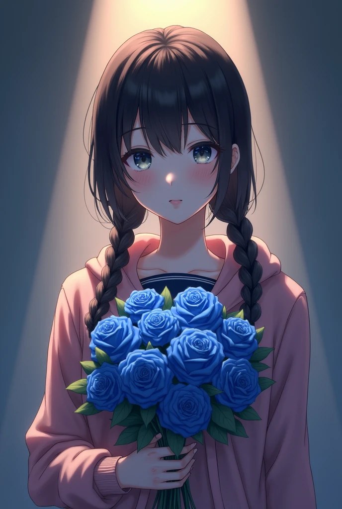 A woman holding a bouquet of blue roses at chest level, wearing a student uniform with no buttons on the top of the collar, wearing a pink hoodie, looking straight ahead, with two braids on each side, smiling with no teeth showing, the spotlight shining in her face.