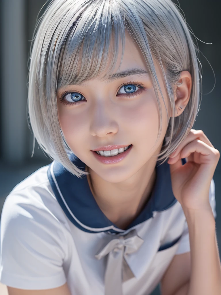 NSFW,(a ultra cute beautiful girl wearing highschool uniform:1.5),(charming smile:1.25),large clear light blue eyes,droppy eyes,balanced eyes,transparent white skin,(silver short hair:1.5),photorealistic, 8k, ultra-detailed, masterpiece, realistic, vivid colors, beautiful detailed eyes, beautiful detailed lips, extremely detailed face, intricate details, hyper realistic, cinematic lighting, dramatic shadows, stunning composition, intense atmosphere, highly detailed skin, exquisite facial features, volumetric lighting, raytraced global illumination, physically-based rendering, professional digital art,high resolution fix,( sexual climax:1.25)