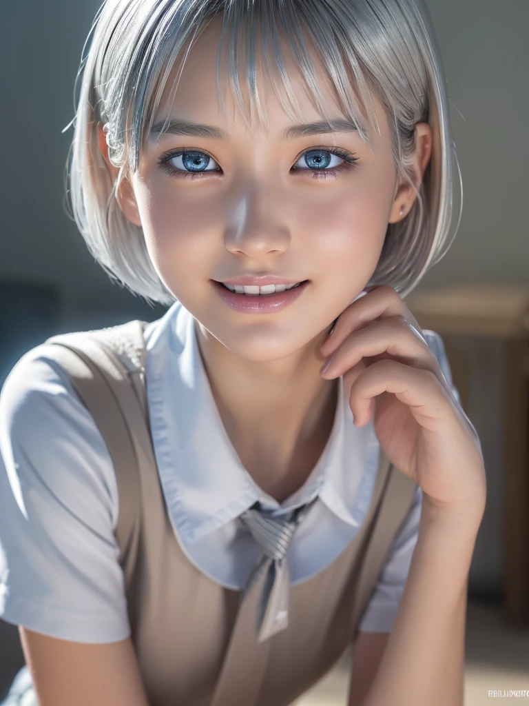 NSFW,(a ultra cute beautiful girl wearing highschool uniform:1.5),(charming smile:1.25),large clear light blue eyes,droppy eyes,balanced eyes,transparent white skin,(silver short hair:1.5),photorealistic, 8k, ultra-detailed, masterpiece, realistic, vivid colors, beautiful detailed eyes, beautiful detailed lips, extremely detailed face, intricate details, hyper realistic, cinematic lighting, dramatic shadows, stunning composition, intense atmosphere, highly detailed skin, exquisite facial features, volumetric lighting, raytraced global illumination, physically-based rendering, professional digital art,high resolution fix,(sexual climax:1.5)
