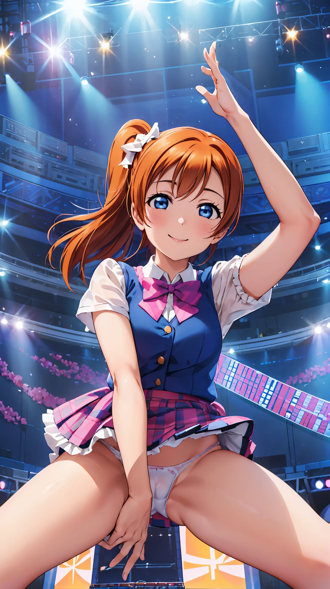 (((Pixel perfect, perfect in every detail))),(((Diameter-downward view of skirt,))), alone, one girl, Kosaka Honoka, (μ's idol dress), looking at viewer, smiling, μ's,Love Live! stage, singing, (Lifted Skirt 1.3), (Detailed Panties 1.3), (White Panties: 1.3), (Frilled Panties: 1.3),(Panty shot), (Cotton panties), (Low angle) ,(Stain in crotch),blue eyes,orange hair,one side ponytail,short hair,(Spread Legs: 1.3)