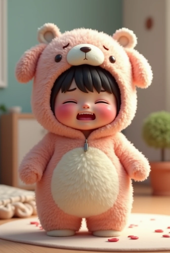 (girl),(()) ,3d images ,Highest quality 8K ,Chubby body shape,((Very fat)),Pink cheeks,podgy,Good mood,((Very sad.)),((Cry)),Put on a stuffed animal costume,Balanced lighting,blurred background,Middle of the picture